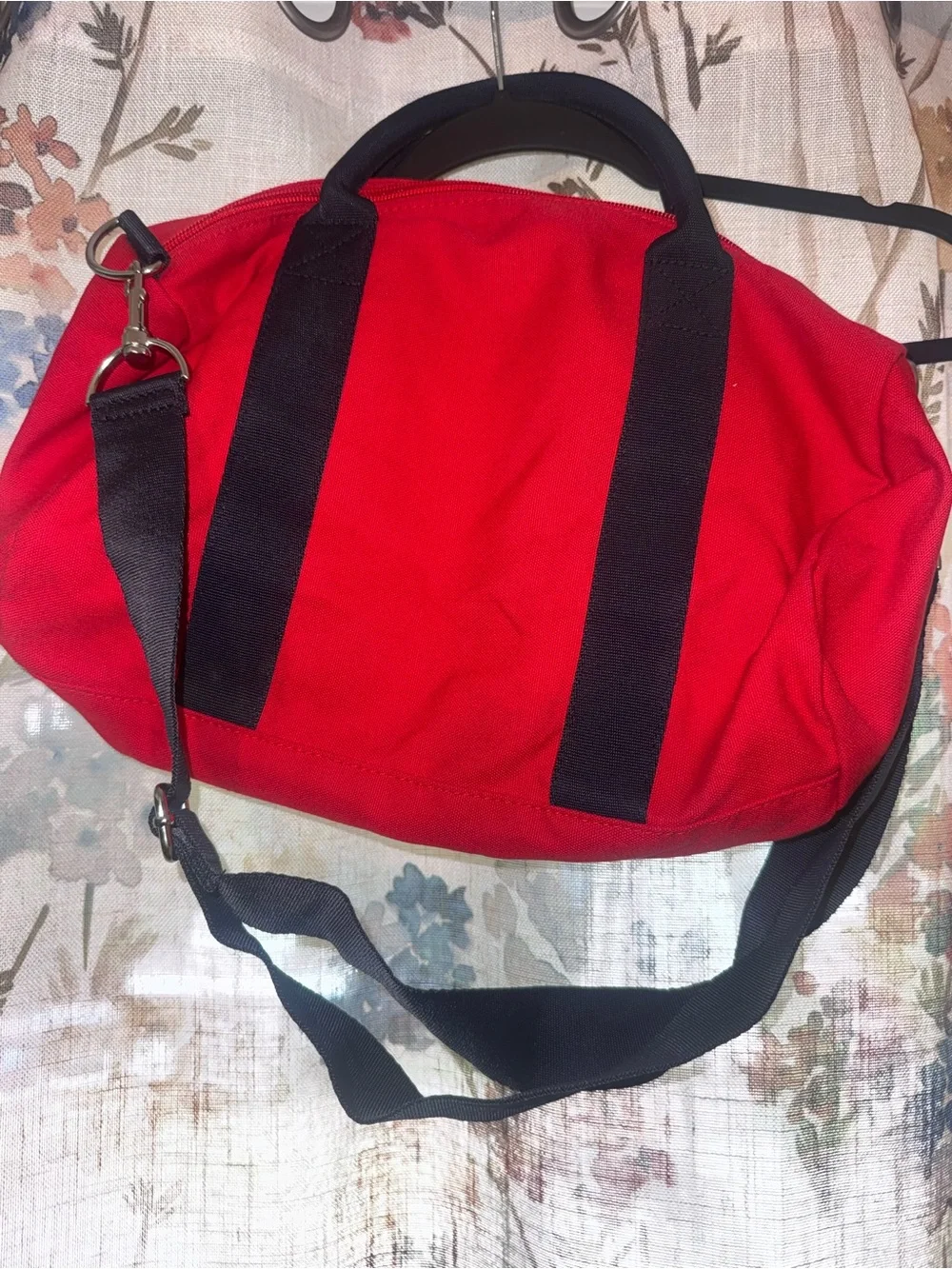 Tommy Hilfiger Red Canvas Duffel with Black Straps and Stripe Accent